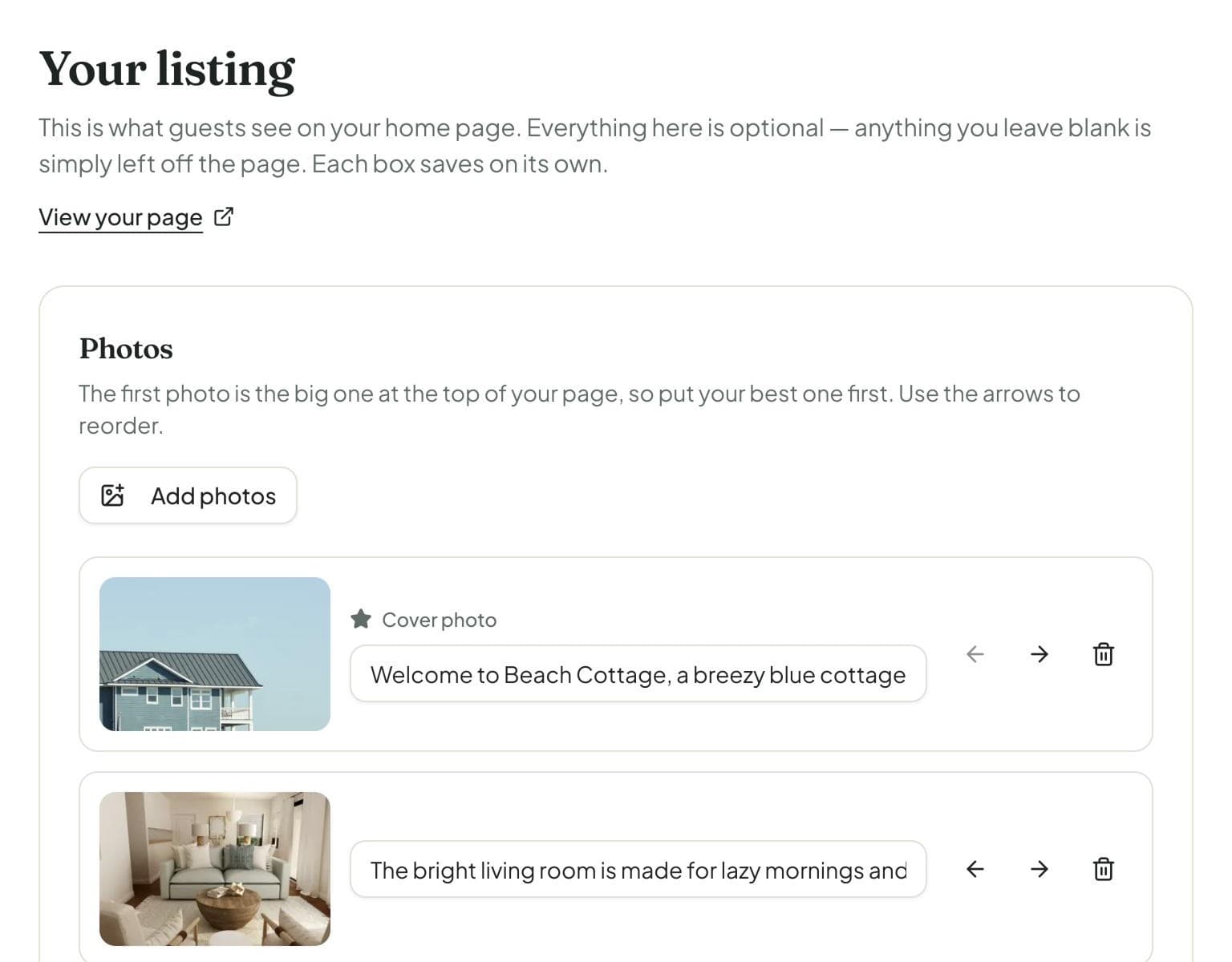 Editing a listing's photos and captions in the Own Your Rental dashboard